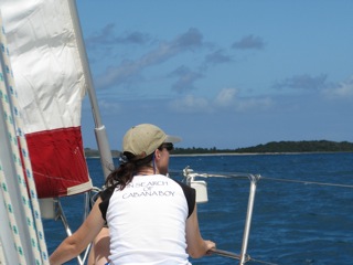 Sarah searching for cabana boy near Sandy Cay