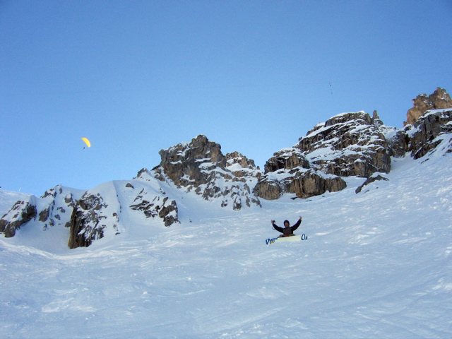 Ted celebrating the halfway point of Grand Couloir