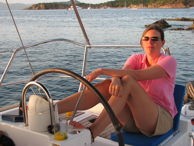 Heather enjoying the final happy hour, Norman Island (T)
