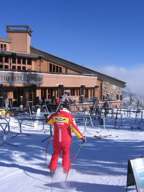 A German racer at the mid-mountain lodge