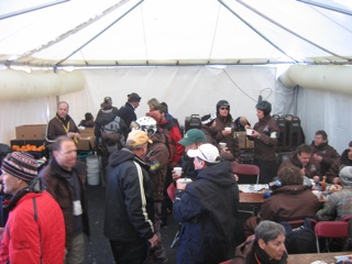 Inside the Tuff Shed, at the volunteer staging area